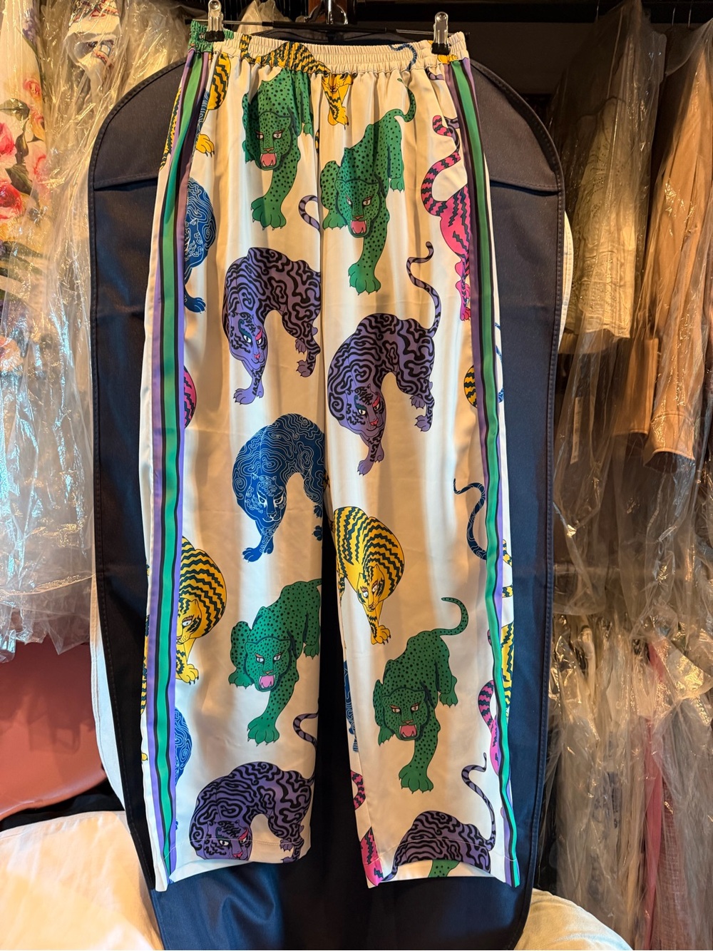 NWT White Printed Track Pants with Multicolor Tiger Motif size medium